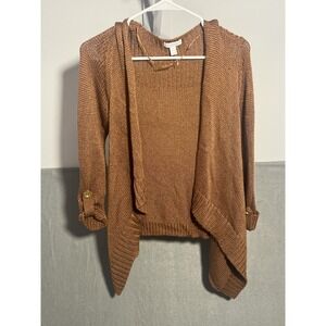 Charter Club Women's S Hooded Open Front Cardigan Sweater Brown Roll Tab Sleeves